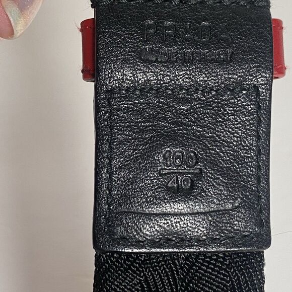 Prada Black Tessuto Woven Belt Leather Trim Red Loop Silver Buckle Made In Italy - Picture 6 of 16